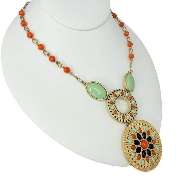 Lia Sophia Alicante Long Pendant Necklace 36" Gold Tone Orange Green Beaded - Picture 3 of 8